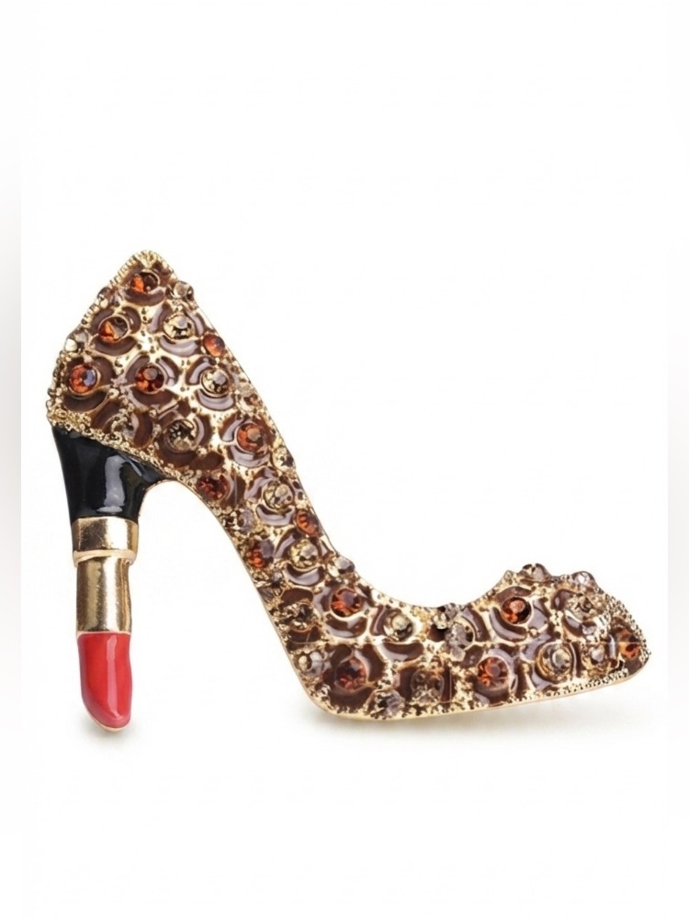 Gold Tone High Heel Brooch with Amber Crystals and Red Lipstick Heel
